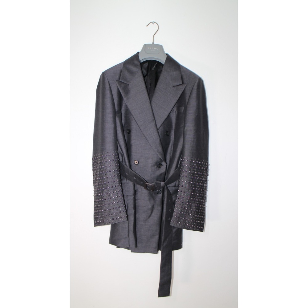 NEW PRADA Milano Belted Double Breasted Blazer Studded Sleeves Wool Mohair IT 42